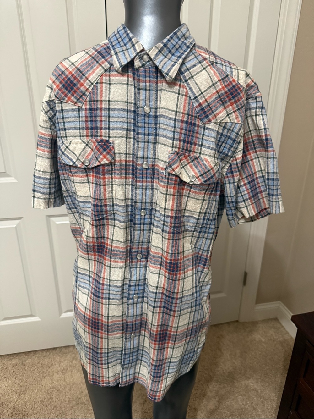 Levi's Short Sleeve Plaid Button-Down Shirt in White, Blue & Red